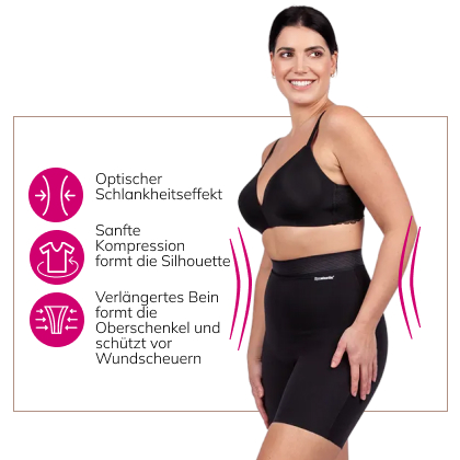 Frau trägt schwarze LIPOELASTIC Shapewear Shorts – figurformende Shorts mit sanfter Kompression für Bauch, Hüfte und Oberschenkel, verlängertes Bein gegen Wundscheuern.