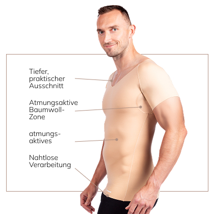 Mann trägt hautfarbenes LIPOELASTIC Shapewear Shirt mit V-Ausschnitt – atmungsaktives Herren Shaping Unterhemd mit Baumwoll-Zone unter den Achseln für ganztägigen Komfort.