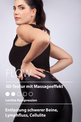Modell trägt schwarze FLOW Kompressionsleggings mit mittlerer Kompression und 3D-Struktur – Seitenansicht