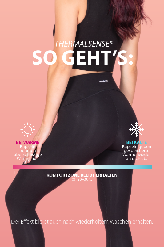 THERMALSENSE® Veredelung der BALANCE leggings: Wärmeaufnahme bei Wärme und Wärmeabgabe bei Abkühlung