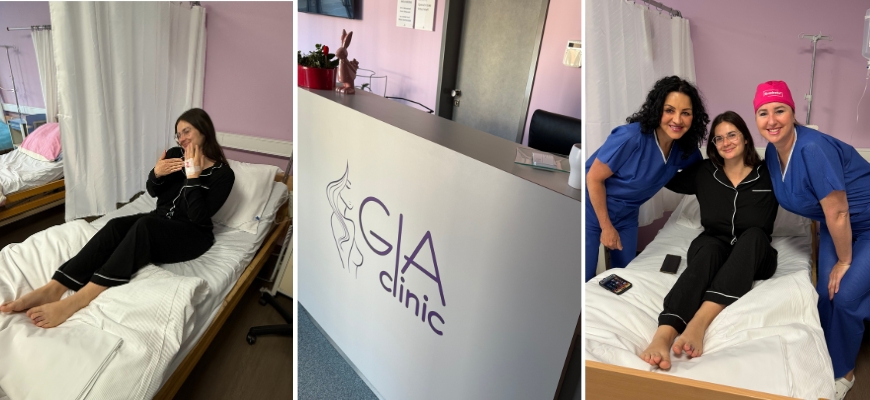 Sylvie kurz vor der OP mit der Chirurgin Dr. Jiřina Šilhánková und der Krankenschwester der GIA Clinic