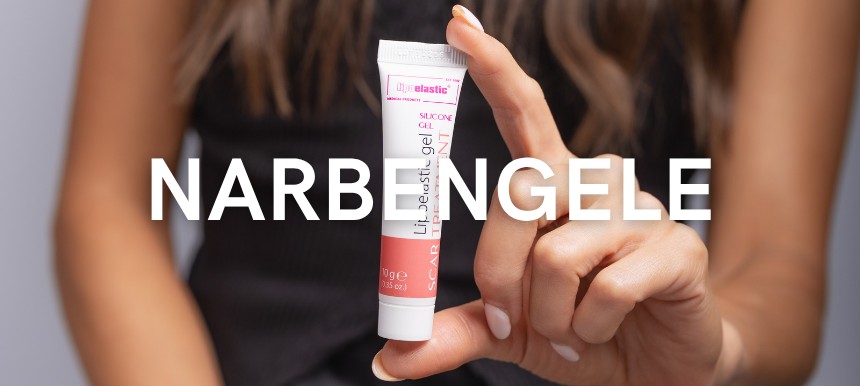 Frau hält LIPOELASTIC gel in der Hand