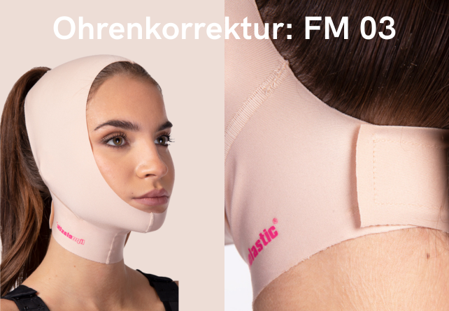 Frau trägt das Kompressionsmieder FM03 für die Ohren und das Gesicht.